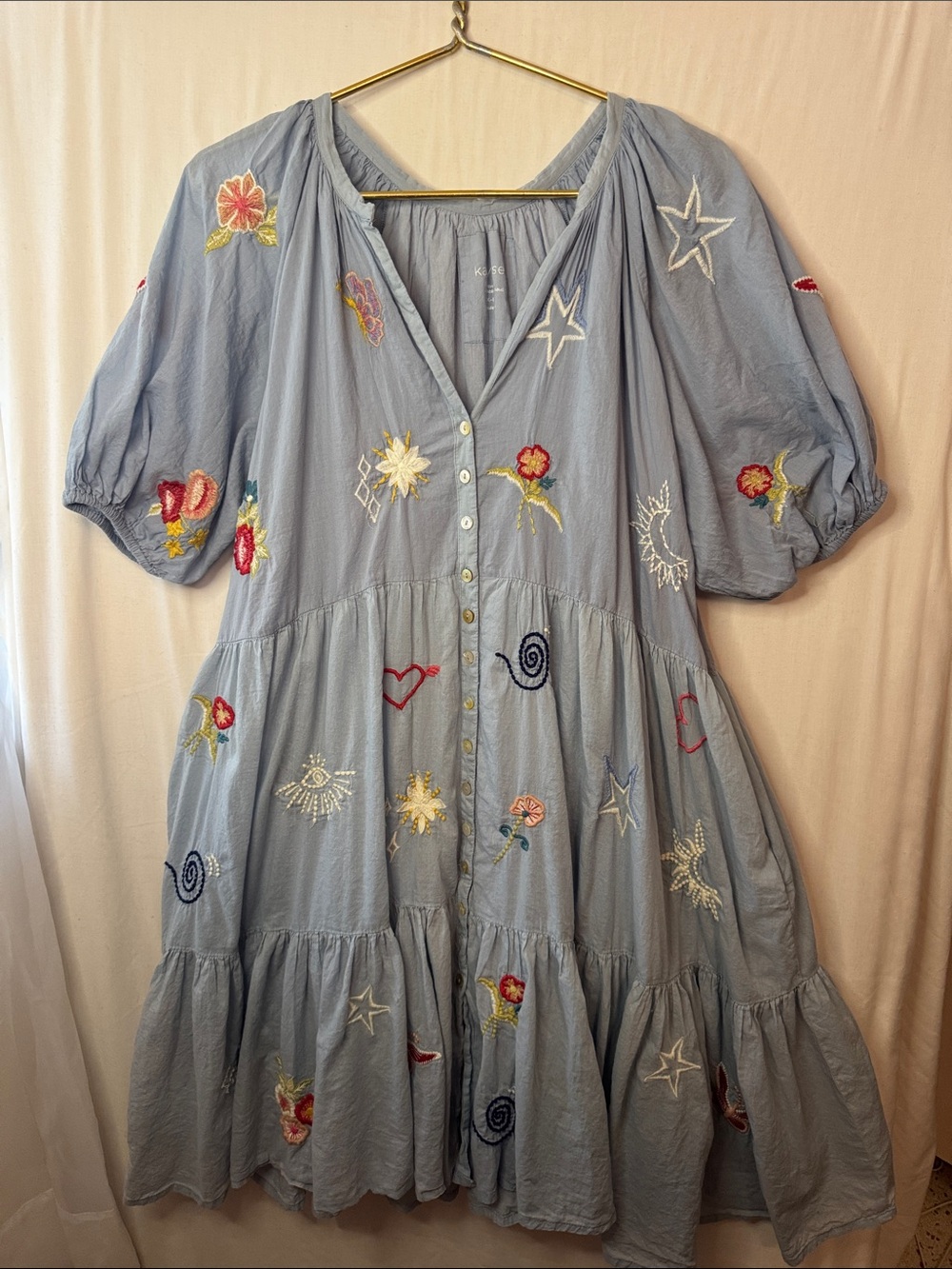 Light Blue Embroidered Tiered Button-Front Midi Dress